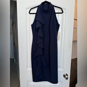 Eliza J Navy Ruffle-Front Midi Dress